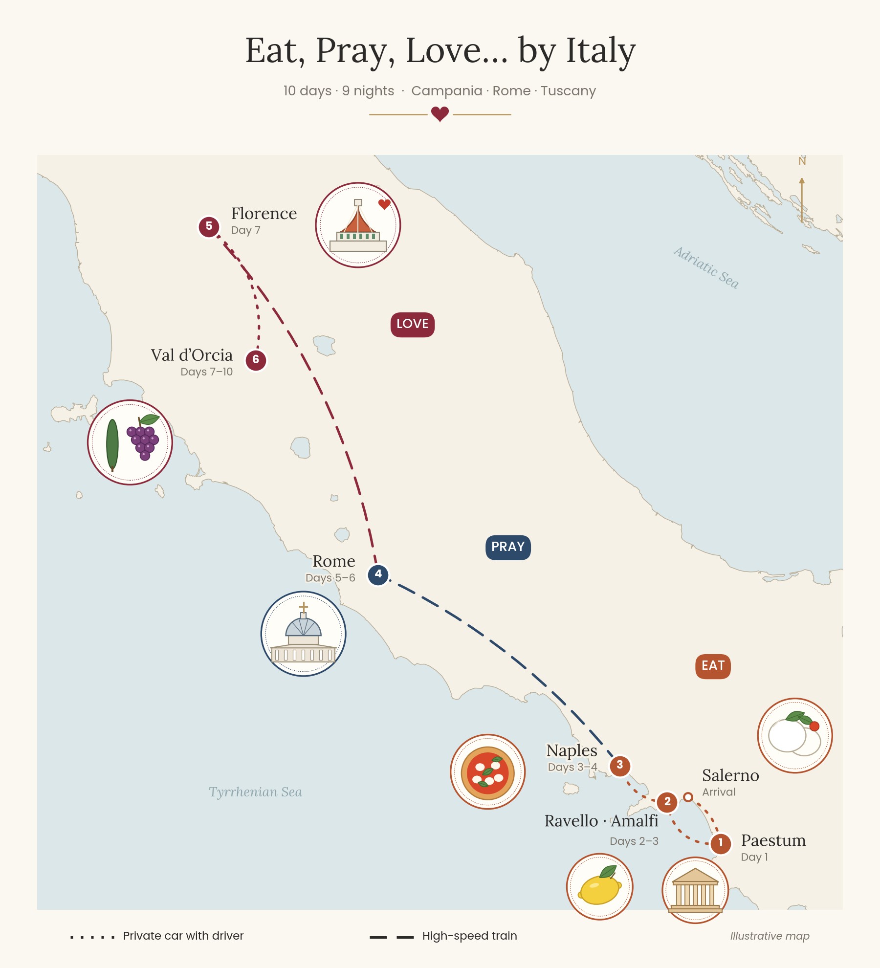 Map of the Eat, Pray, Love tour in Italy