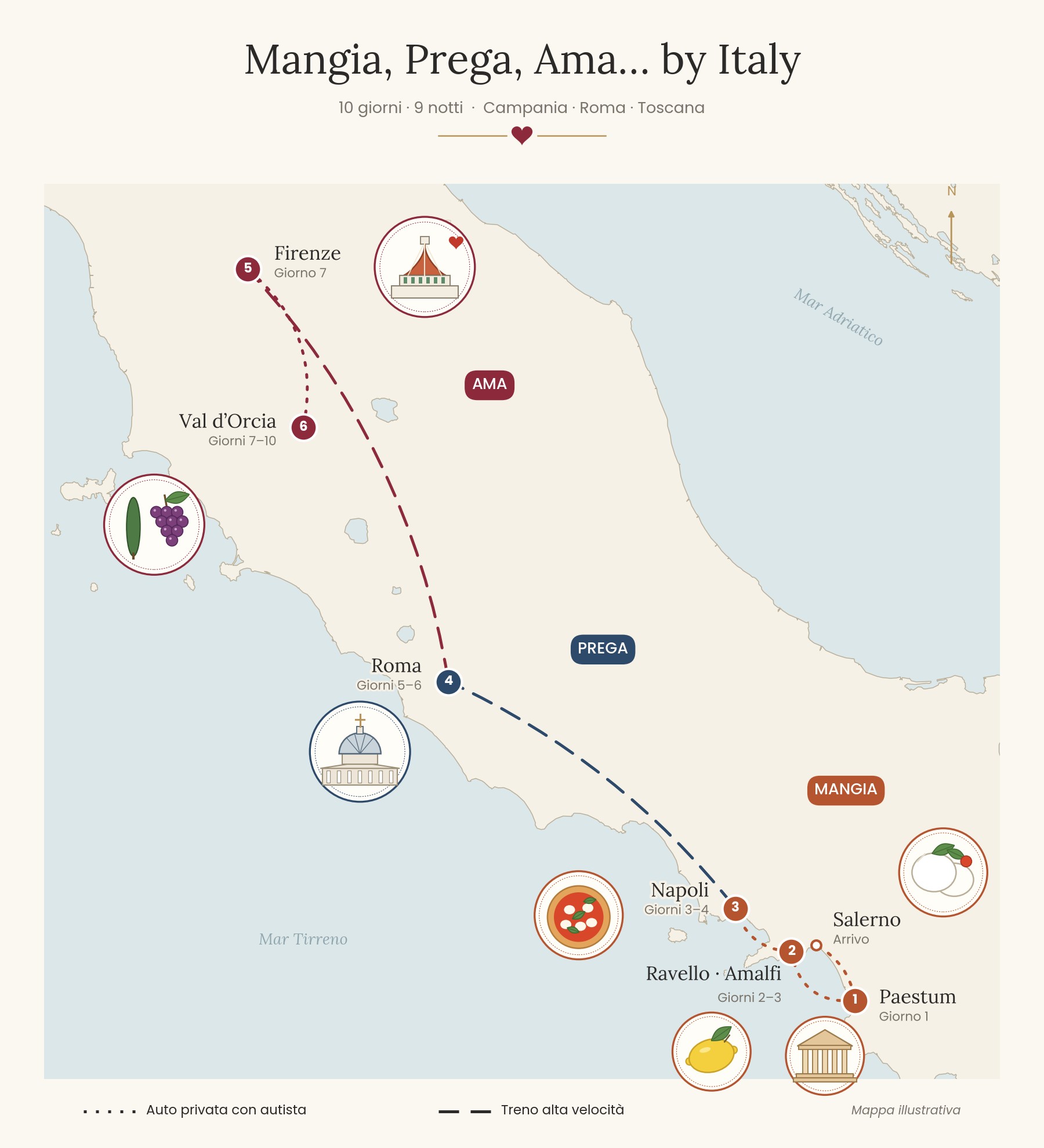 Mappa del tour Mangia, Prega, Ama in Italia