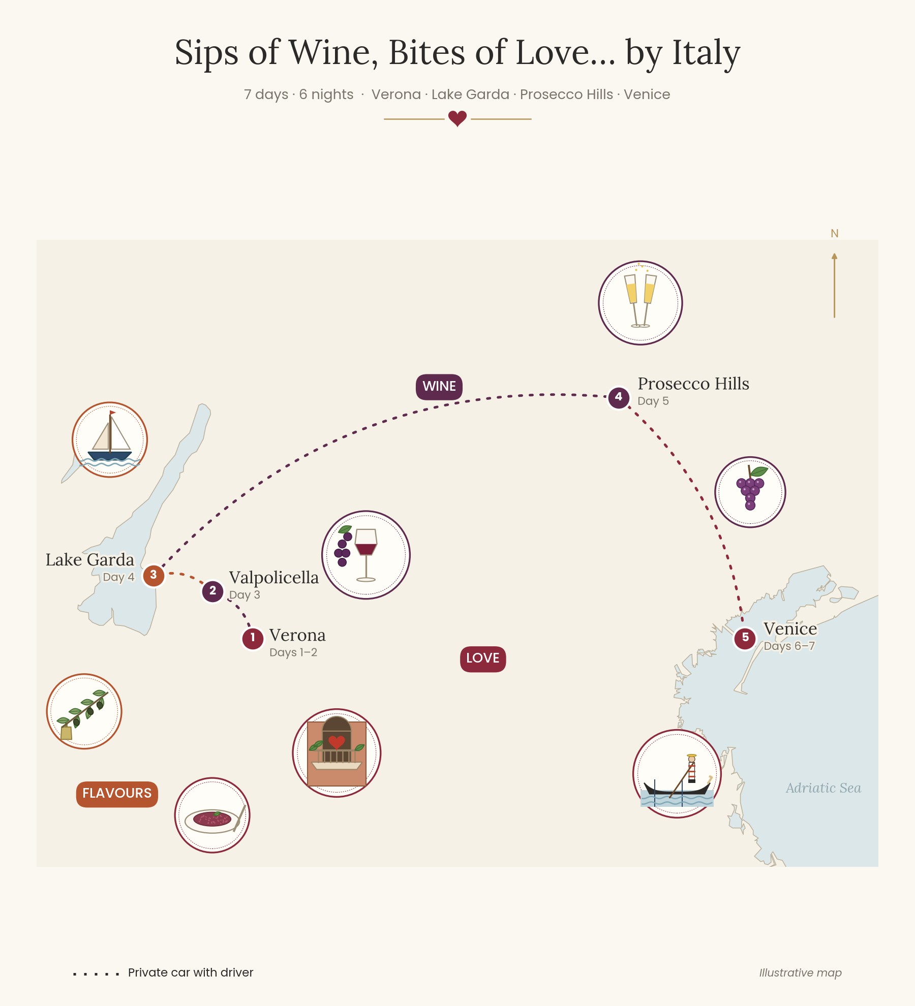 Map of the Sips of Wine, Bites of Love tour