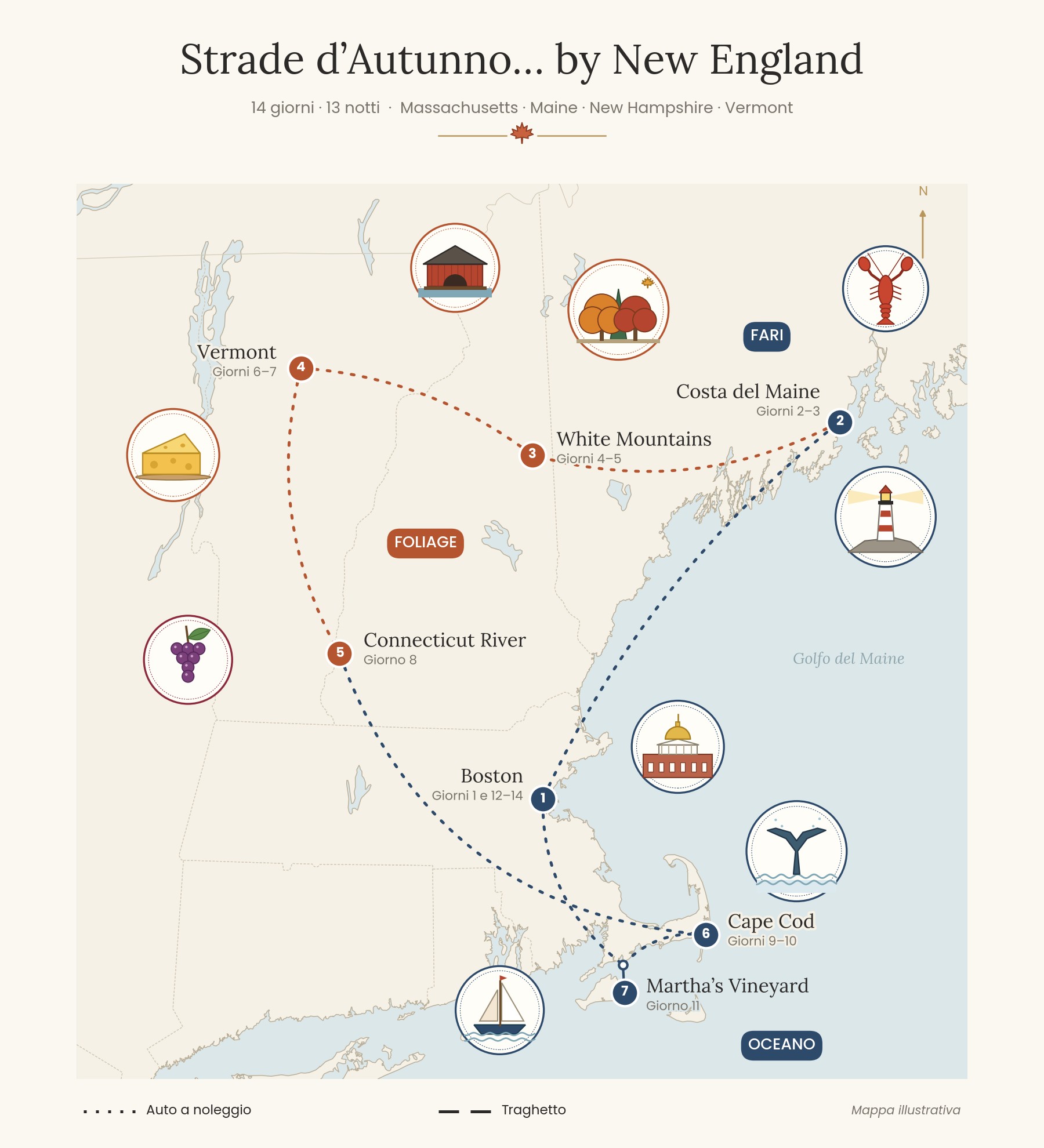 Mappa del tour Strade d'Autunno nel New England